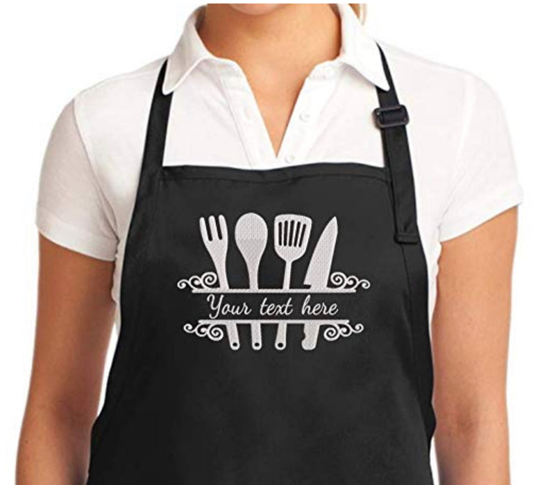 Personalized Chef Apron Embroidered Kitchen Design Aprons for Women and Men, Kitchen Chef Apron 2 Pockets and 40" Long Ties, Adjustable Bib Apron for Cooking, Serving - Black/White/Blue/Red