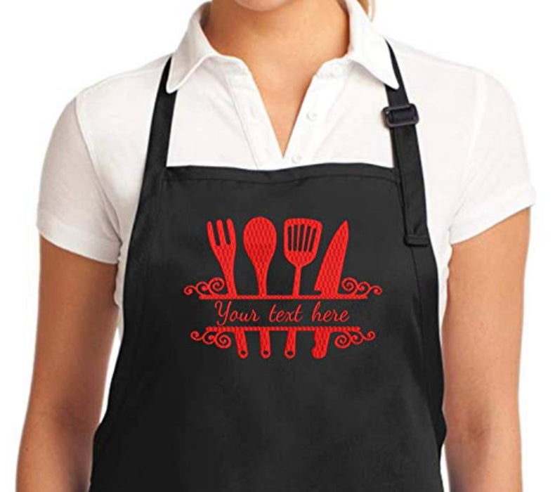 Personalized Chef Apron Embroidered Kitchen Design Aprons for Women and Men, Kitchen Chef Apron 2 Pockets and 40" Long Ties, Adjustable Bib Apron for Cooking, Serving - Black/White/Blue/Red