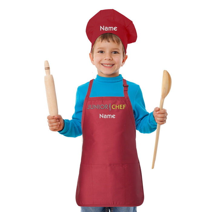 Personalized Junior Chef Kids Set Apron with Hat – Custom Customized Kitchen Apron for Cooking Backing Grill Grilling BBQ - Any Name Design – Great Masterchef Gift
